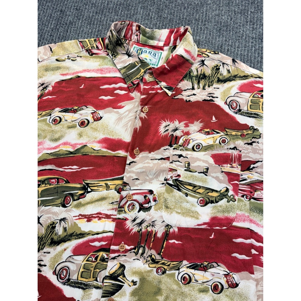 Hana Bay Island Style Mens Large Rayon Hawaiian Shirt Tropical Classic Car Red